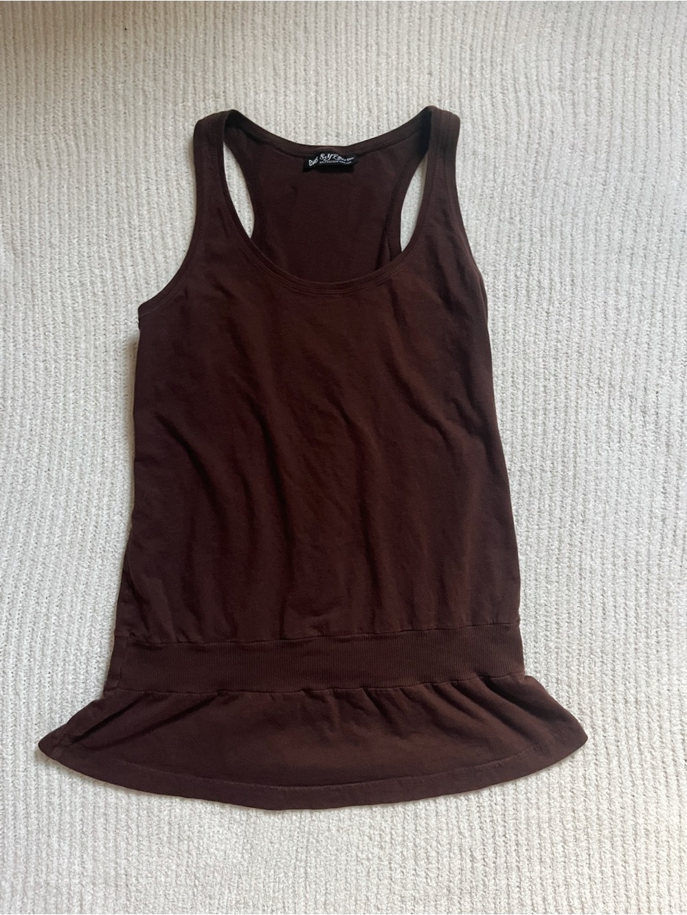 Self Esteem Brown Ruffle-Hem Racerback Tank. Fits med-large